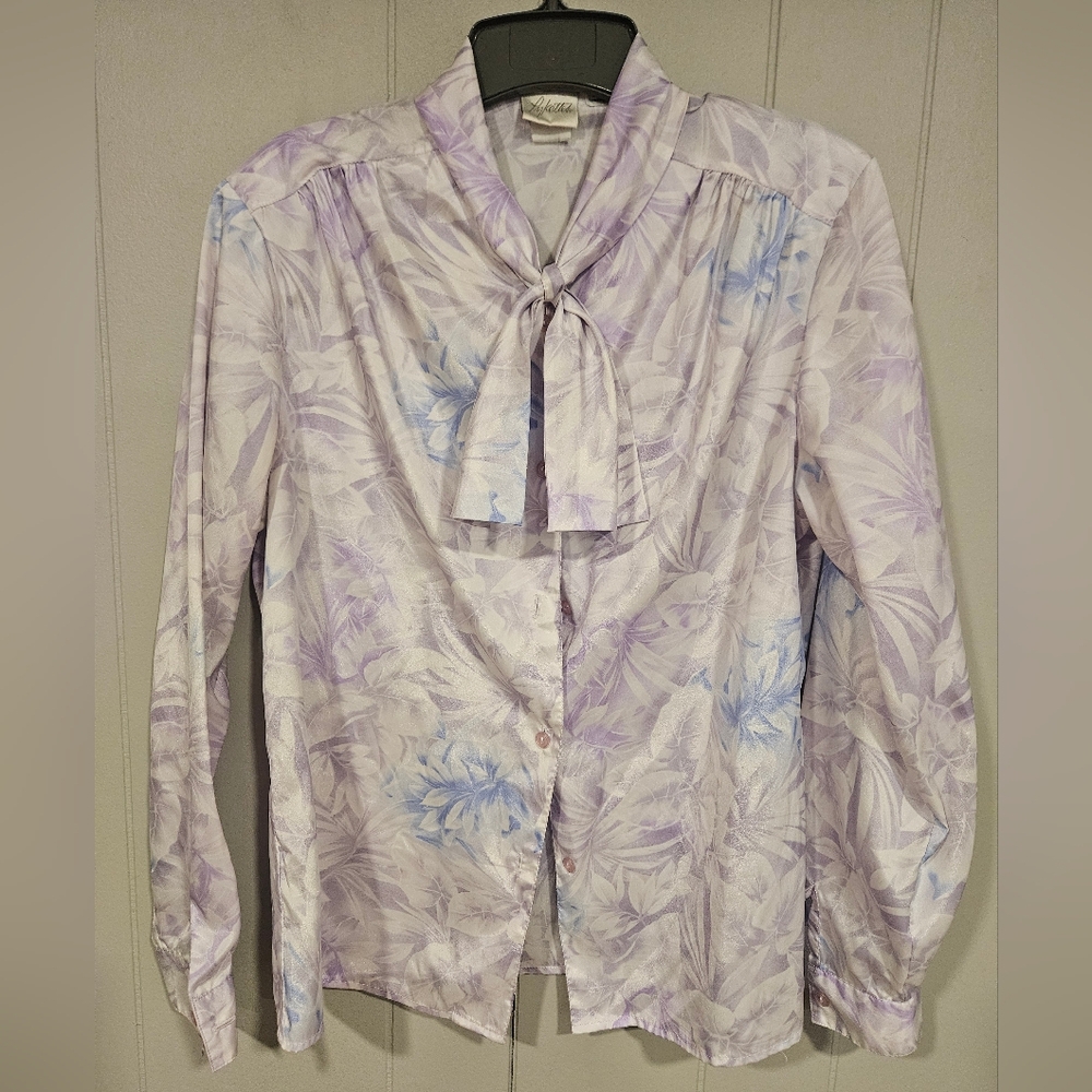 VINTAGE Pykettes Shirt Womens Medium Purple White Floral Blouse Tie Neck  80s